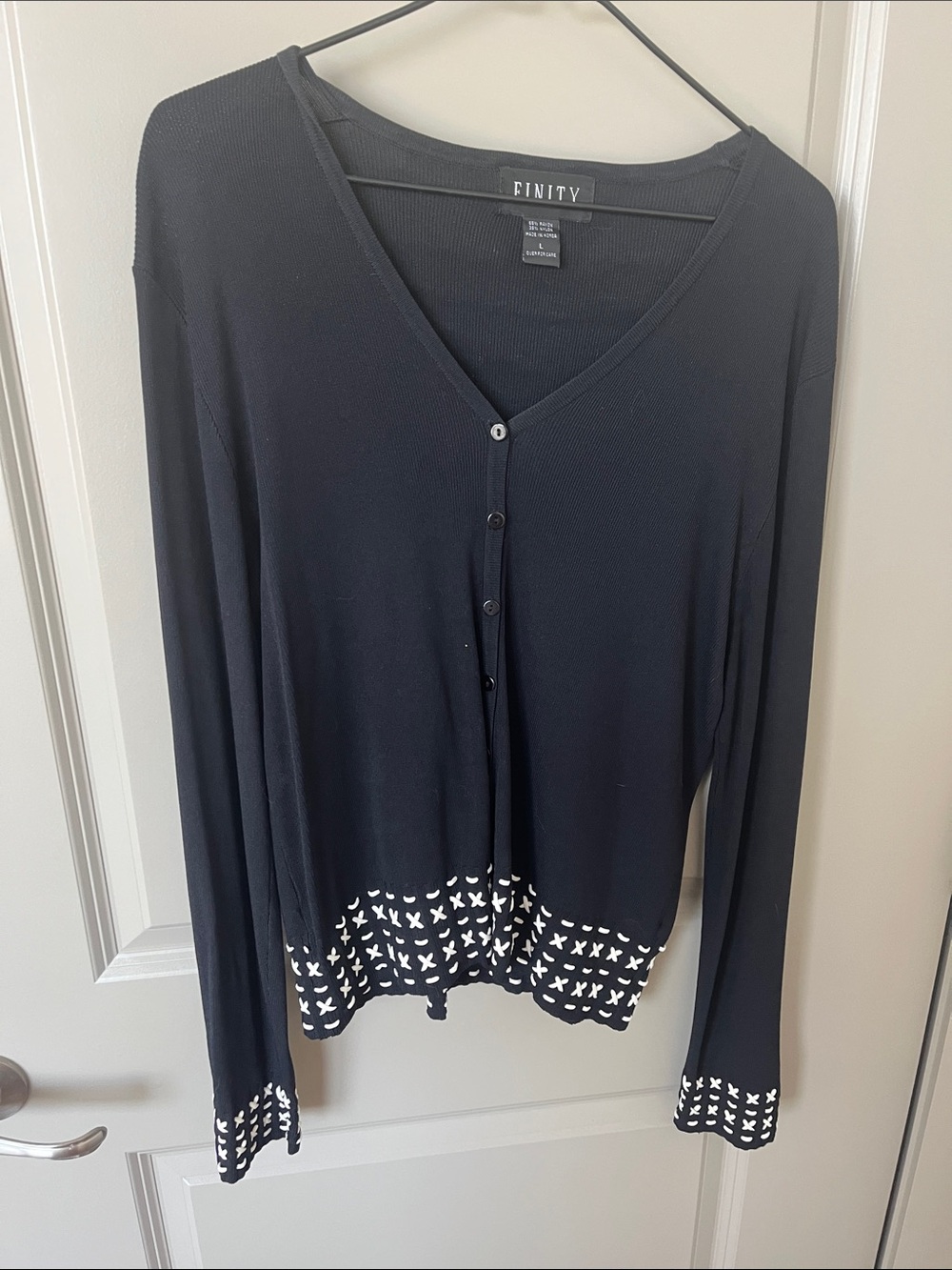 Finity Black V-Neck Button Front Long Sleeve Top with White Cross Hem